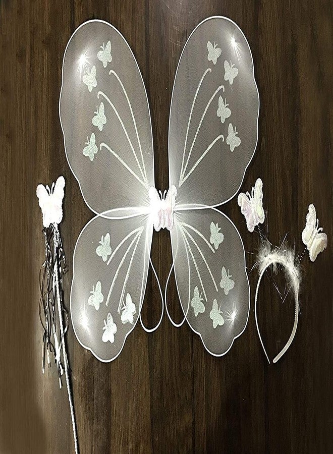kunya Cotton Blend Baby Girl's Fairy Butterfly Wings Costume Butterfly Fairy Angel Wing, Wand And Hairband (White) - Image 1